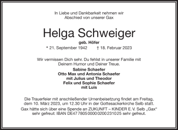 Traueranzeige von Helga Schweiger von Frankenpost