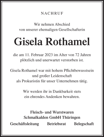 Traueranzeige von Gisela Rothamel von Südthüringer Presse