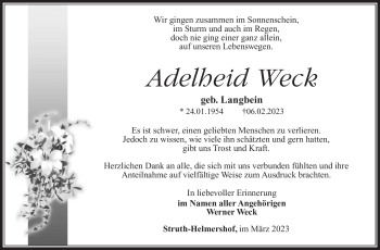 Traueranzeige von Adelheid Weck von Südthüringer Presse