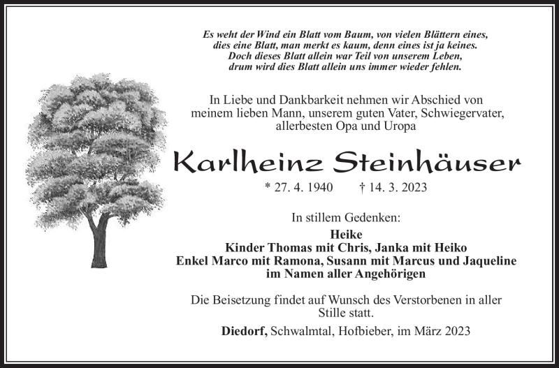  Traueranzeige für Karlheinz Steinhäuser vom 18.03.2023 aus Südthüringer Presse