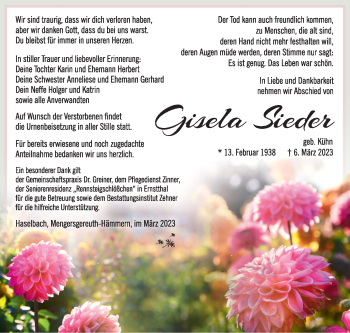 Traueranzeige von Gisela Sieder von Südthüringer Presse