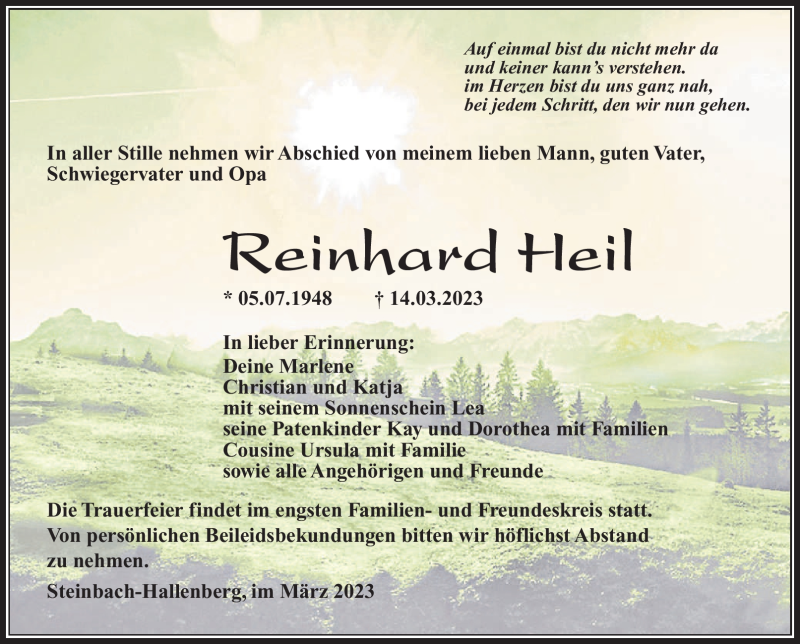  Traueranzeige für Reinhard Heil vom 18.03.2023 aus Südthüringer Presse