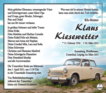 Traueranzeige von Klaus Kiesewetter von Südthüringer Presse