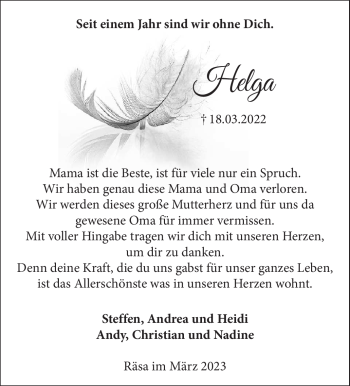 Traueranzeige von Helga Hauptrock von Südthüringer Presse