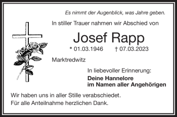 Traueranzeige von Josef Rapp von Frankenpost