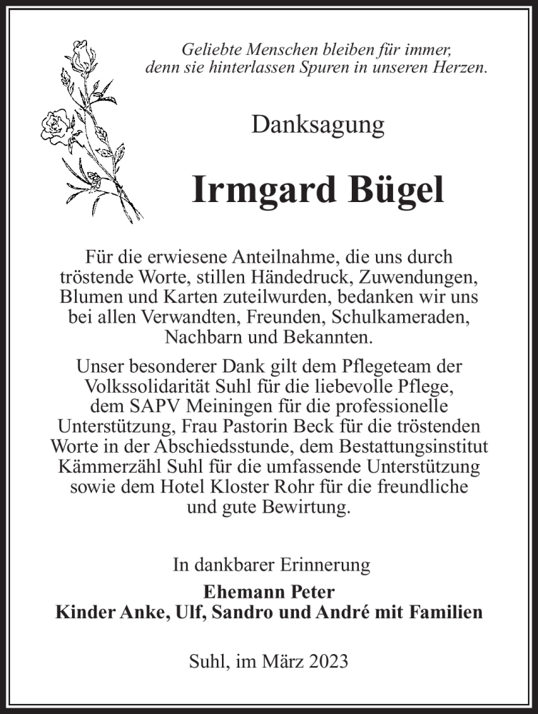  Traueranzeige für Irmgard Bügel vom 25.03.2023 aus Südthüringer Presse