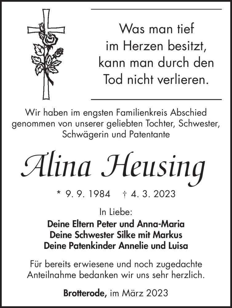  Traueranzeige für Alina Heusing vom 18.03.2023 aus Südthüringer Presse