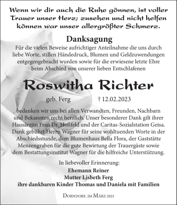 Traueranzeige von Roswitha Richter von Südthüringer Presse