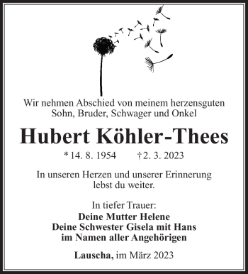 Traueranzeige von Hubert Köhler-Thees von Südthüringer Presse