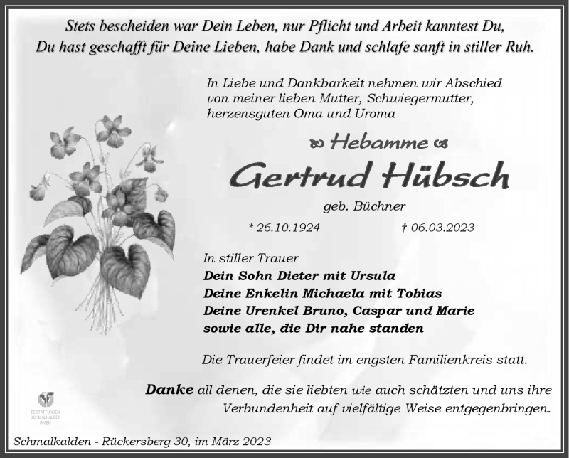  Traueranzeige für Gertrud Hübsch vom 11.03.2023 aus Südthüringer Presse