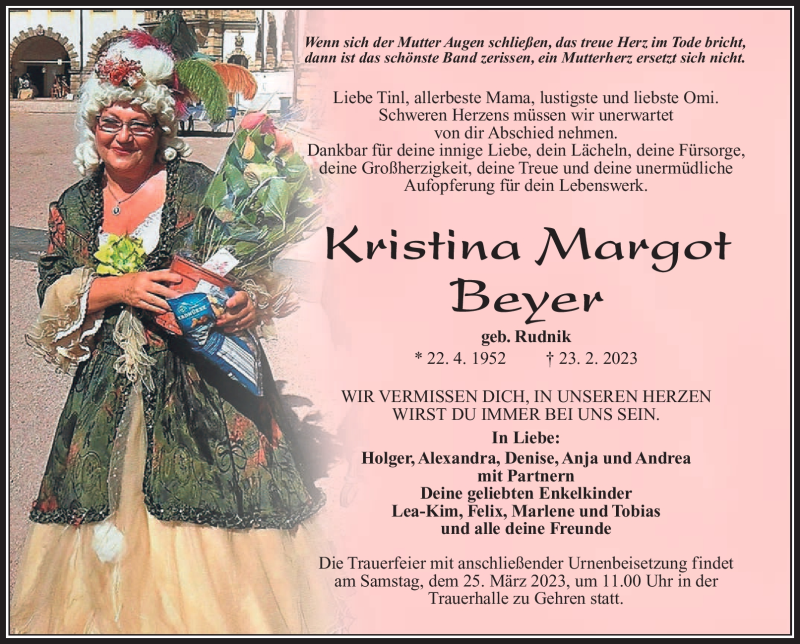  Traueranzeige für Kristina Beyer vom 11.03.2023 aus Südthüringer Presse