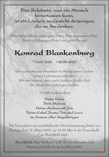 Traueranzeige von Konrad Blankenburg von Südthüringer Presse