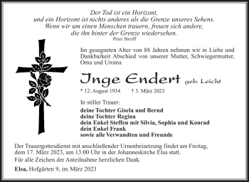 Traueranzeige von Inge Endert von Südthüringer Presse