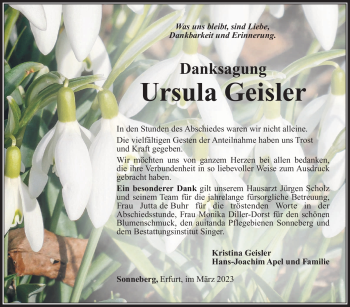 Traueranzeige von Ursula Geisler von Südthüringer Presse