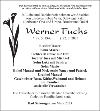 Traueranzeige von Werner Fuchs von Südthüringer Presse