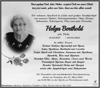 Traueranzeige von Helga Berthold von Südthüringer Presse