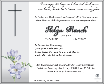 Traueranzeige von Helga Münch von Südthüringer Presse