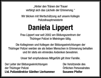 Traueranzeige von Daniela Lippert von Südthüringer Presse