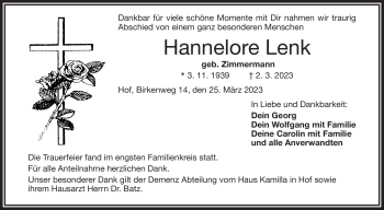 Traueranzeige von Hannelore Lenk von Frankenpost