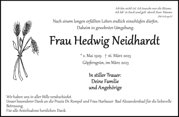 Traueranzeige von Hedwig Neidhardt von Frankenpost