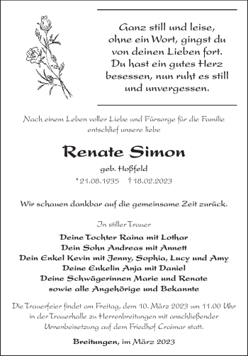 Traueranzeige von Renate Simon von Südthüringer Presse