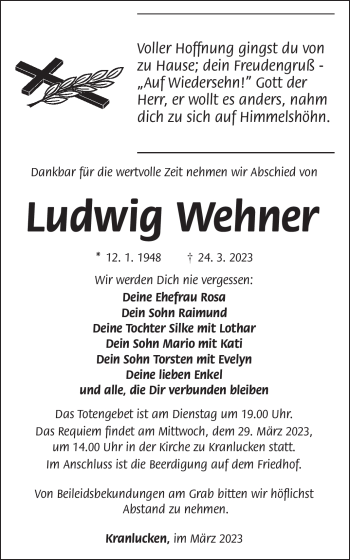 Traueranzeige von Ludwig Wehner von Südthüringer Presse