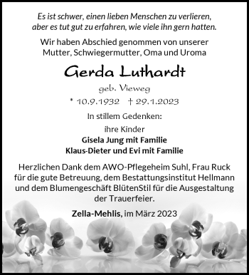 Traueranzeige von Gerda Luthardt von Südthüringer Presse