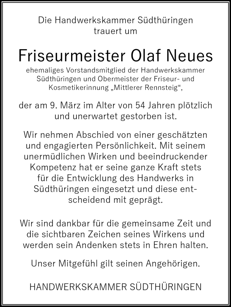  Traueranzeige für Olaf Neues vom 18.03.2023 aus Südthüringer Presse