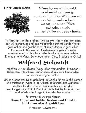 Traueranzeige von Wilfried Schmidt von Südthüringer Presse