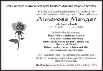 Traueranzeige von Annerose Menger von Südthüringer Presse