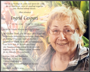Traueranzeige von Ingrid Caspari von Südthüringer Presse