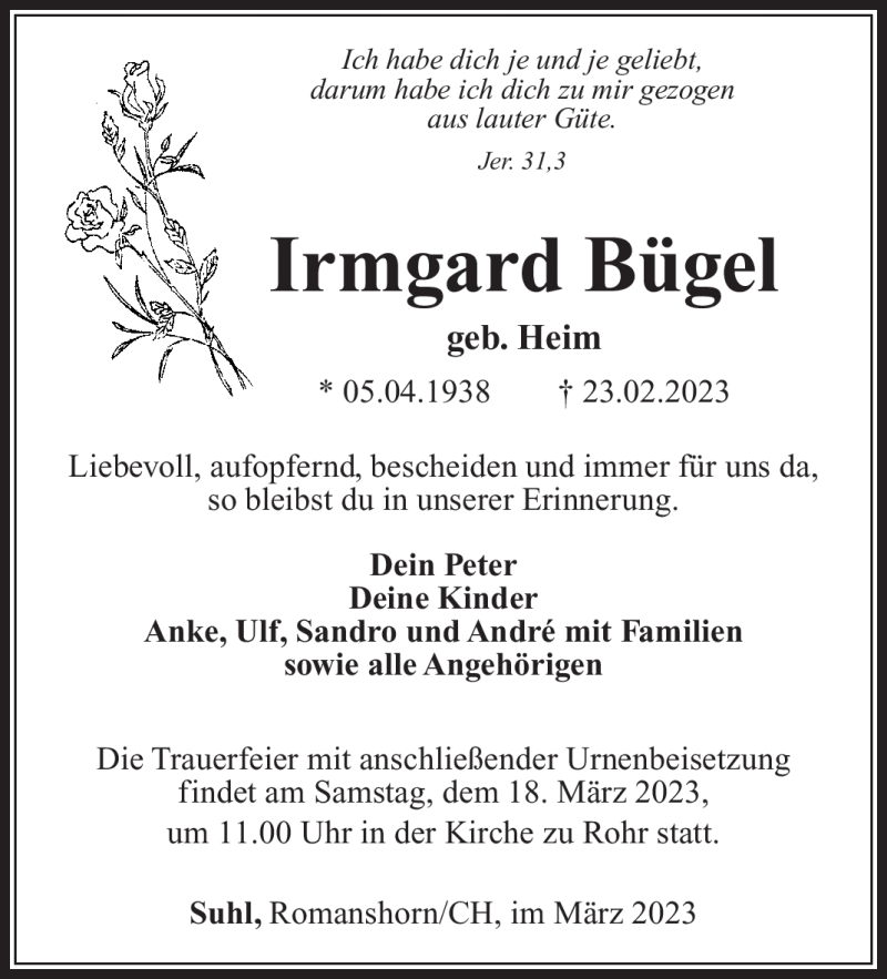  Traueranzeige für Irmgard Bügel vom 11.03.2023 aus Südthüringer Presse