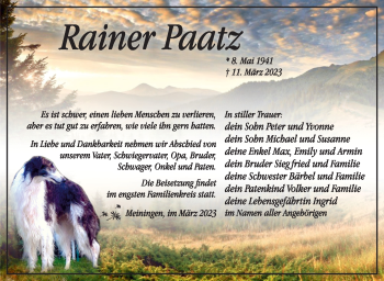 Traueranzeige von Rainer Paatz von Südthüringer Presse