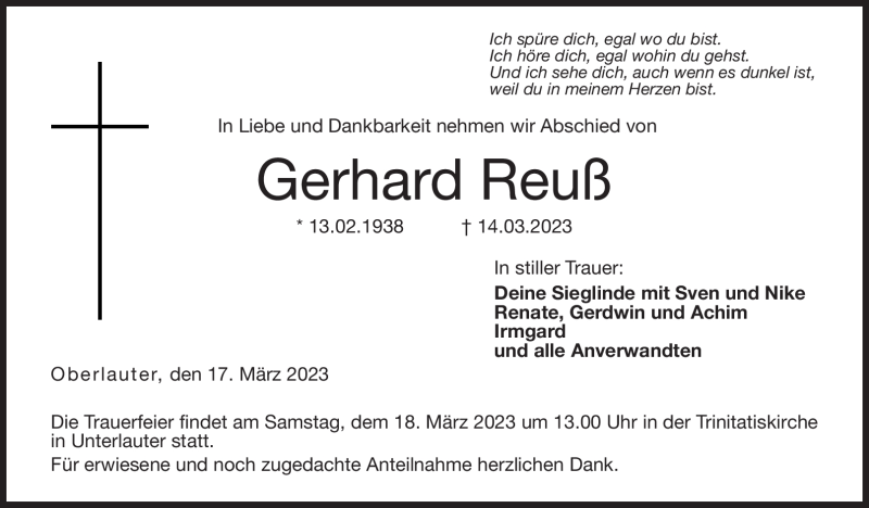  Traueranzeige für Gerhard Reuß vom 17.03.2023 aus Neue Presse Coburg