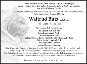 Traueranzeige von Waltrud Butz von Südthüringer Presse