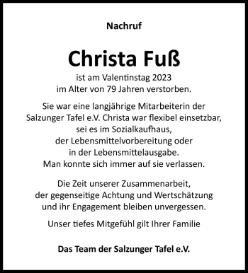 Traueranzeige von Christa Fuß von Südthüringer Presse