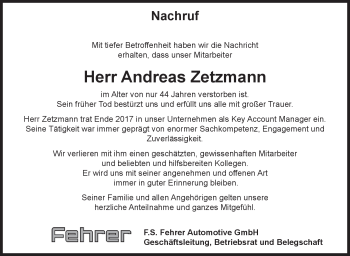 Traueranzeige von Andreas Zetzmann von Neue Presse Coburg