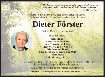 Traueranzeige von Dieter Förster von Südthüringer Presse