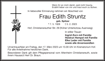 Traueranzeige von Edith Struntz von Frankenpost