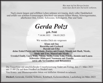Traueranzeige von Gerda Polzt von Südthüringer Presse