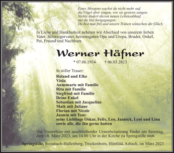 Traueranzeige von Werner Häfner von Südthüringer Presse