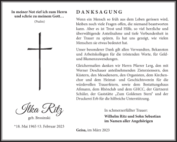 Traueranzeige von Ilka Ritz von Südthüringer Presse
