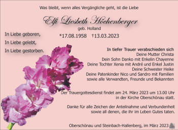 Traueranzeige von Elfi Lisbeth Höchenberger von Südthüringer Presse