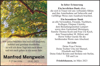 Traueranzeige von Manfred Mengwein von Südthüringer Presse