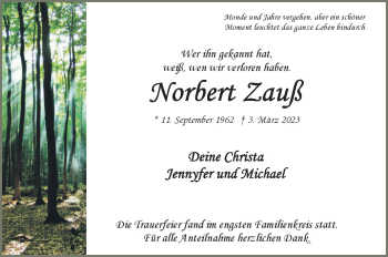 Traueranzeige von Norbert Zauß von Frankenpost