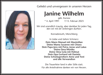 Traueranzeige von Janine Wilhelm von Frankenpost