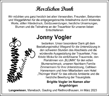Traueranzeige von Jonny Vogler von Südthüringer Presse
