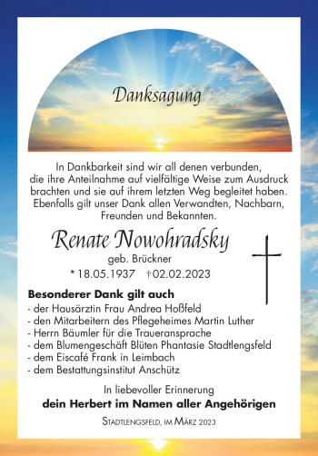 Traueranzeige von Renate Nowohradsky von Südthüringer Presse