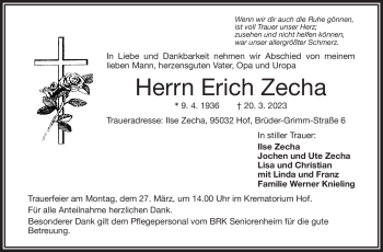 Traueranzeige von Erich Zecha von Frankenpost