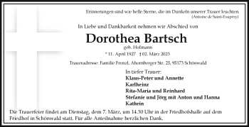 Traueranzeige von Dorothea Bartsch von Frankenpost